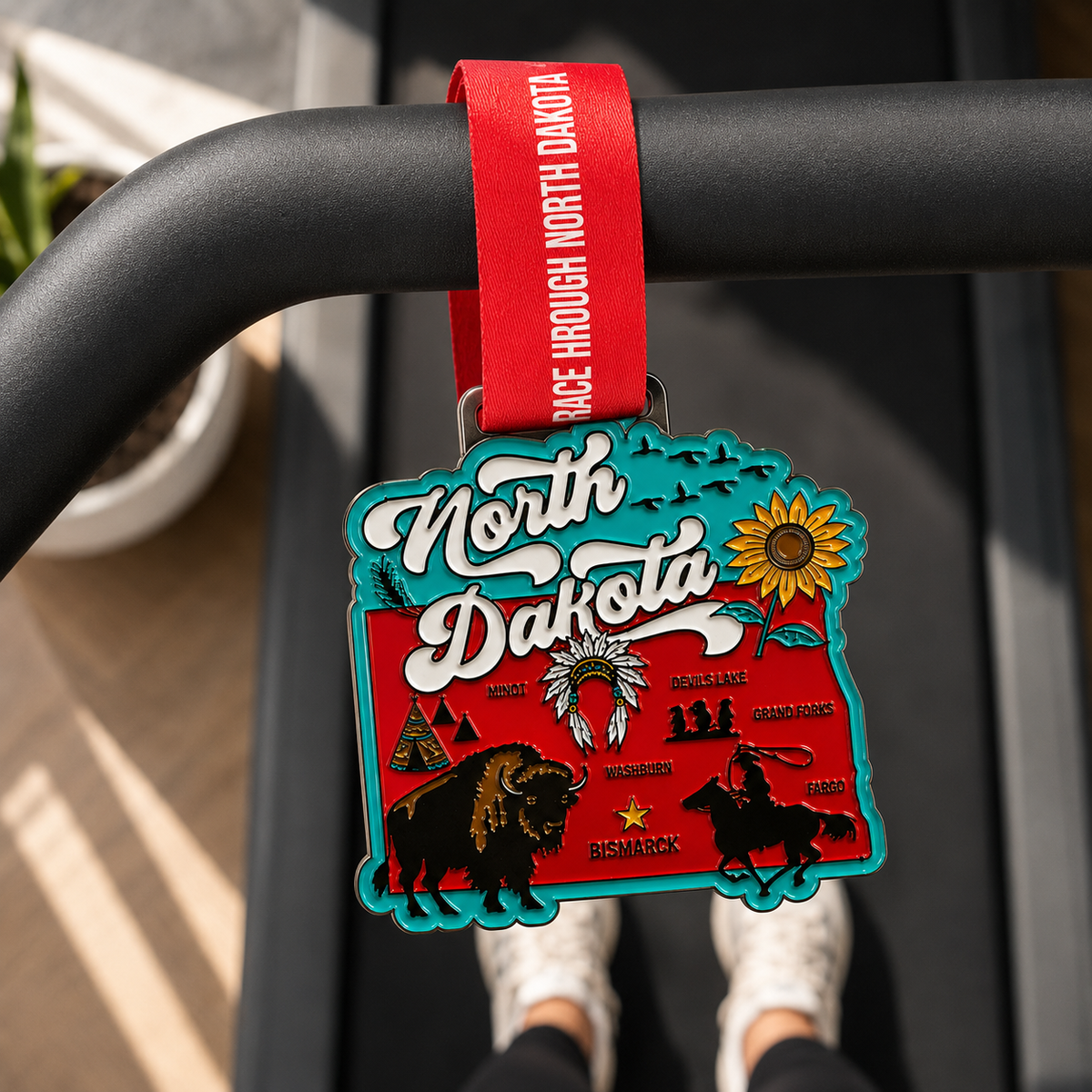 Virtualrunevent Race Through America 50 State Challenge medal draped over treadmill, showcasing all 50 medals and bibs.