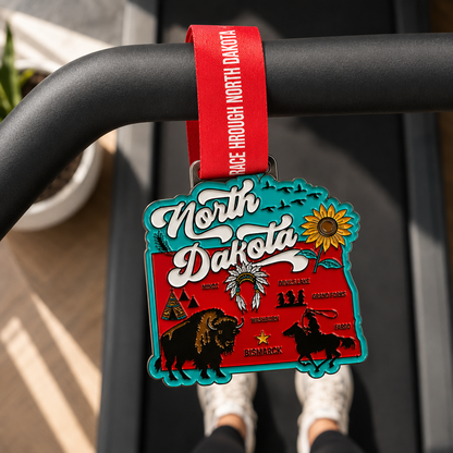 Virtualrunevent Race Through America 50 State Challenge medal draped over treadmill, showcasing all 50 medals and bibs.