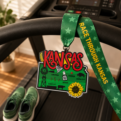 Race Through Kansas virtual race medal draped over treadmill, celebrating 5K, 10K, Half Marathon, and 50 Mile Challenge from virtualrunevent.