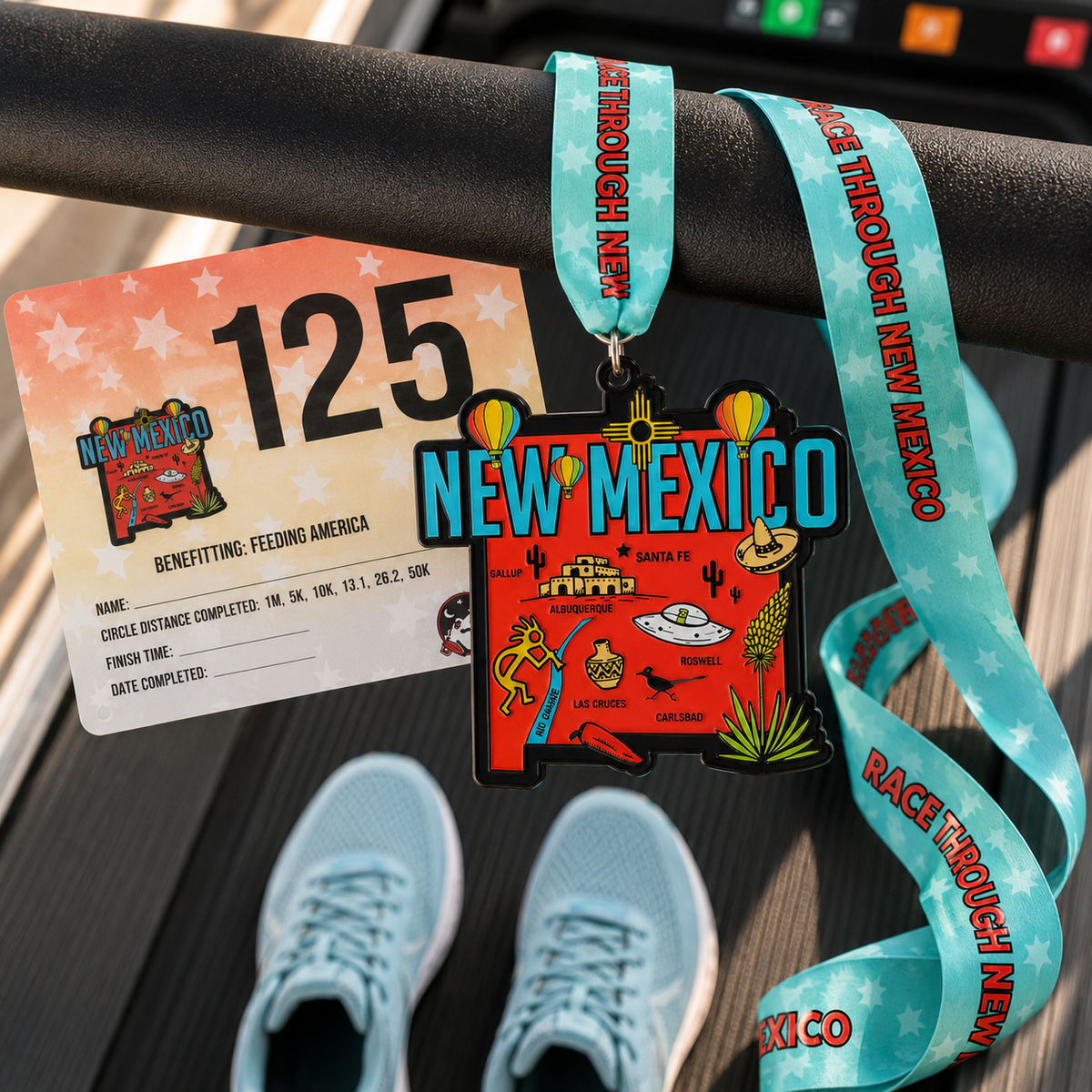 Virtualrunevent Race Through New Mexico medal draped over treadmill for 5K, 10K, Half Marathon, and 50 Mile Challenge.