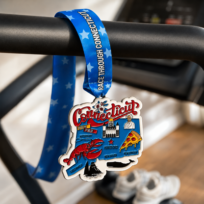 Virtualrunevent Connecticut Race medal draped over treadmill, celebrating 5K, 10K, half marathon, and 50-mile challenge finisher.