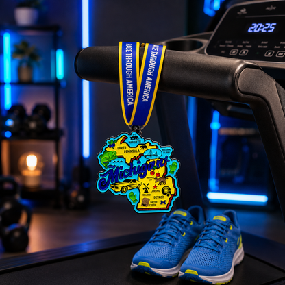 Michigan Virtual Race medal draped over a treadmill, featuring race distances of 1 mile, 5K, 10K, half marathon, and marathon.