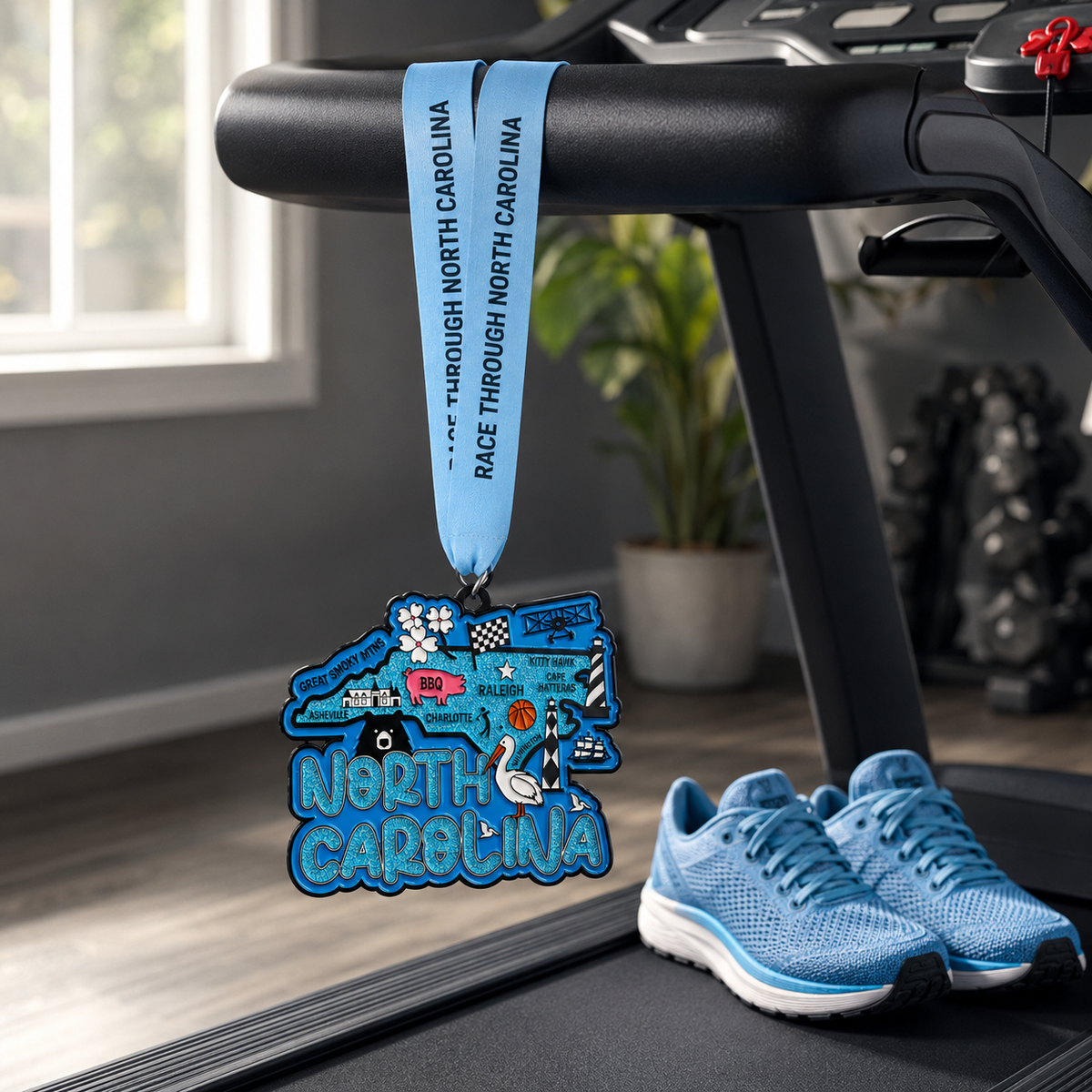 Virtualrunevent North Carolina race medal draped over treadmill for 5K, 10K, half marathon, and 50-mile challenge finisher award