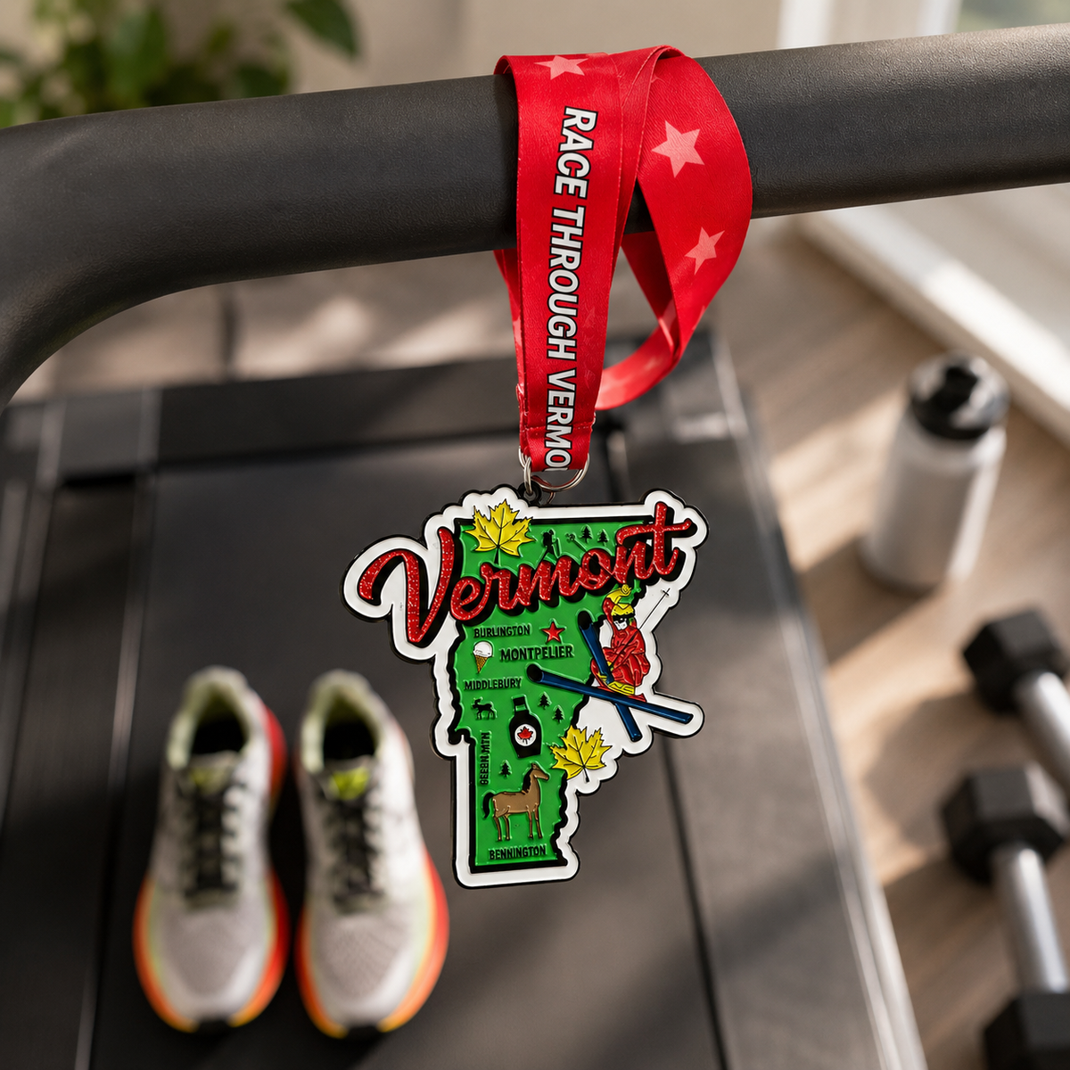 Virtualrunevent Vermont race medal draped over treadmill, featuring 5K, 10K, half marathon, and marathon design.