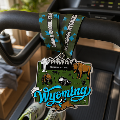 Wyoming virtual race medal from VirtualRunEvent draped over treadmill, representing 5K, 10K, half marathon, and marathon distances.