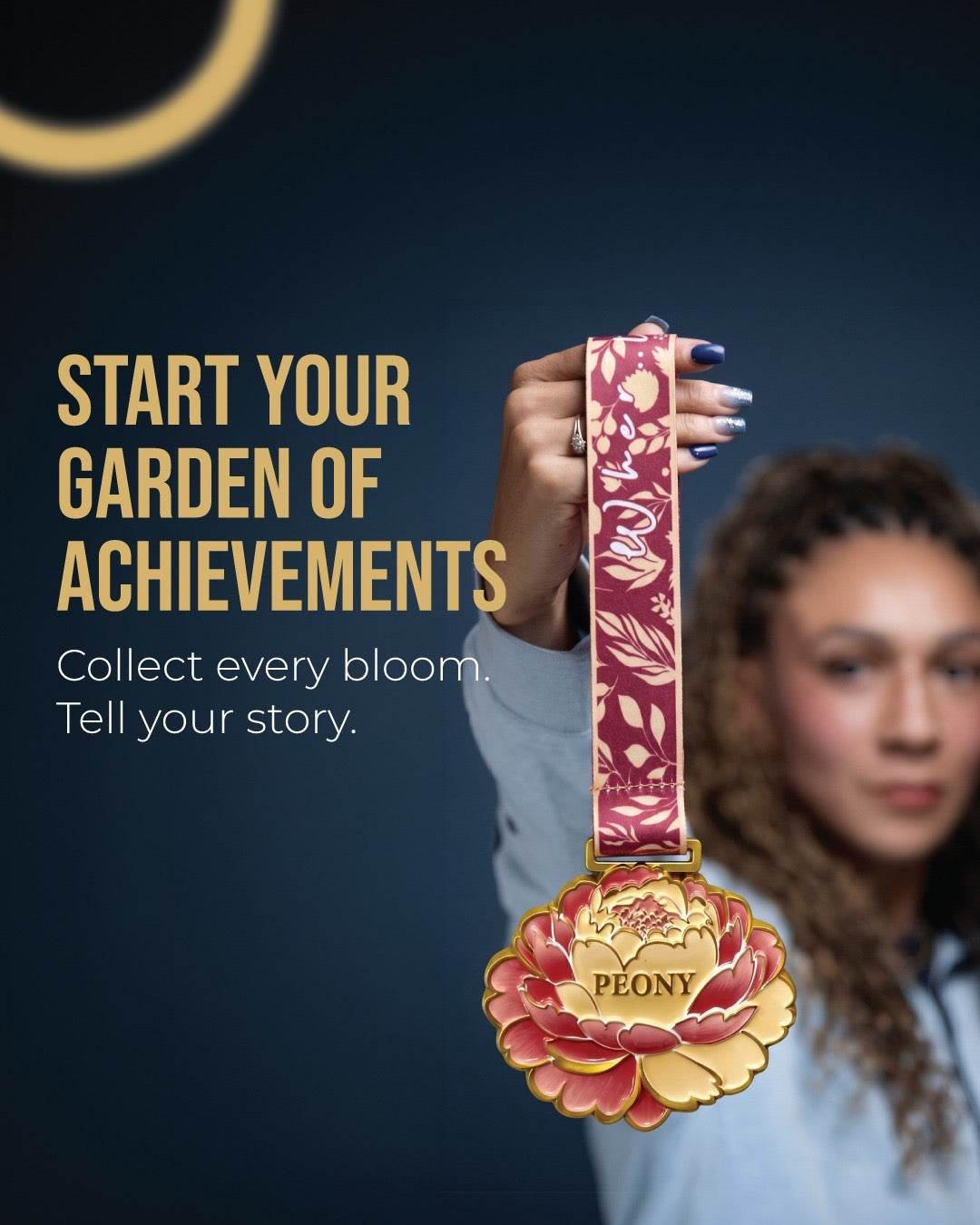 Peony Virtual Race medal featuring a floral design for 1M, 5K, 10K, Half Marathon, and Marathon events from VirtualRuneEvent.