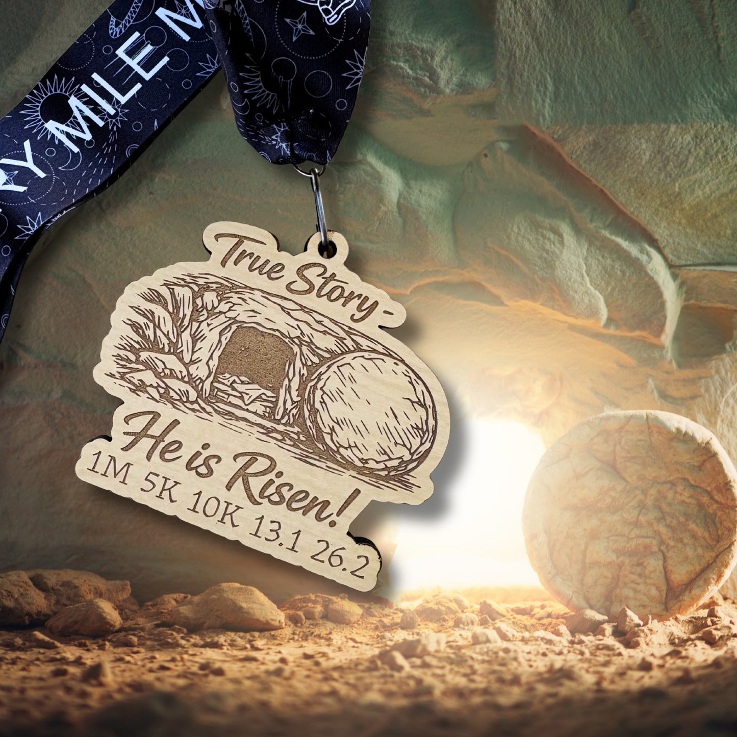 Virtualrunevent 2026 He is Risen medal for Easter Seals race, featuring a design with race distance details and uplifting imagery.