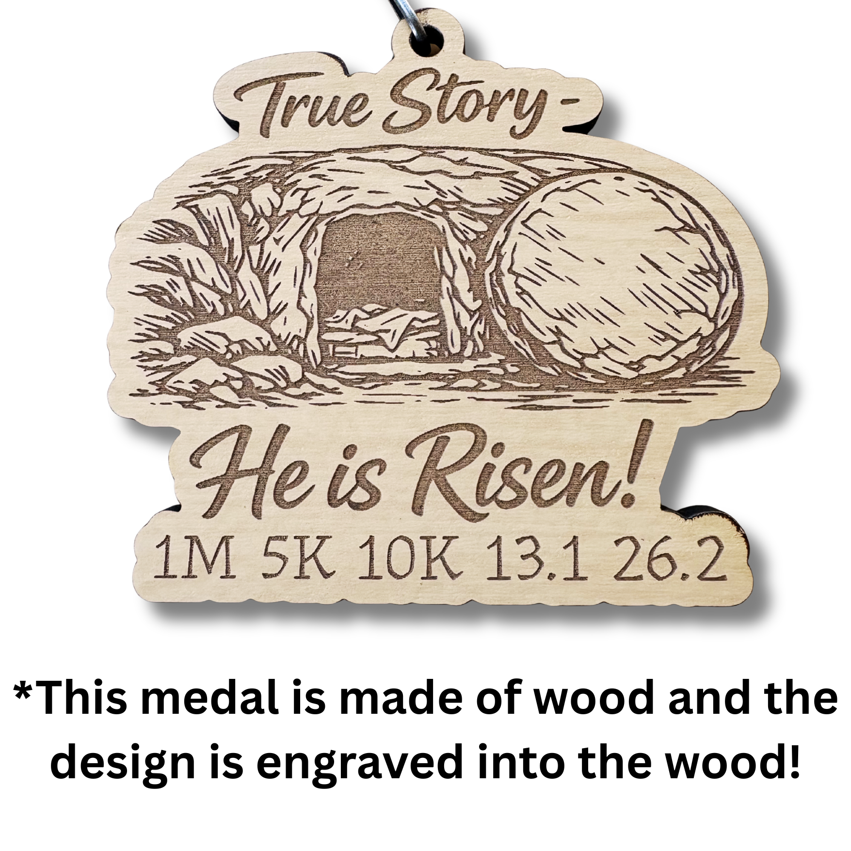 Virtualrunevent 2026 He is Risen medal for Easter Seals, featuring a religious design for marathon and race events.