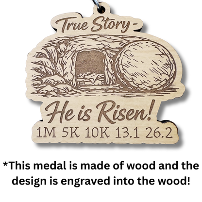Virtualrunevent 2026 He is Risen medal for Easter Seals, featuring a religious design for marathon and race events.