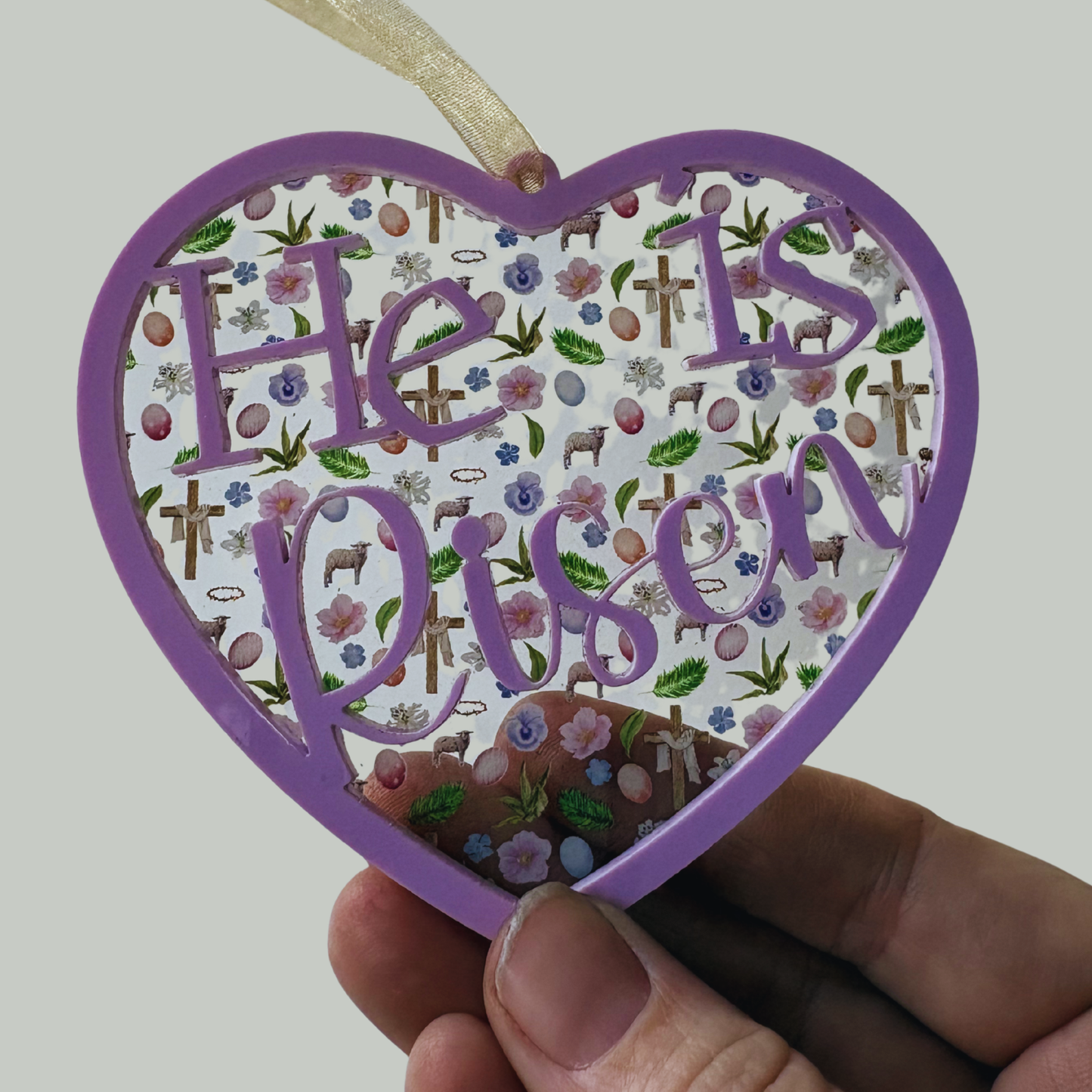 Layered acrylic "He Is Risen" ornament medal with heart shape, suitable as spring garden decor or gift, by virtualrunevent.
