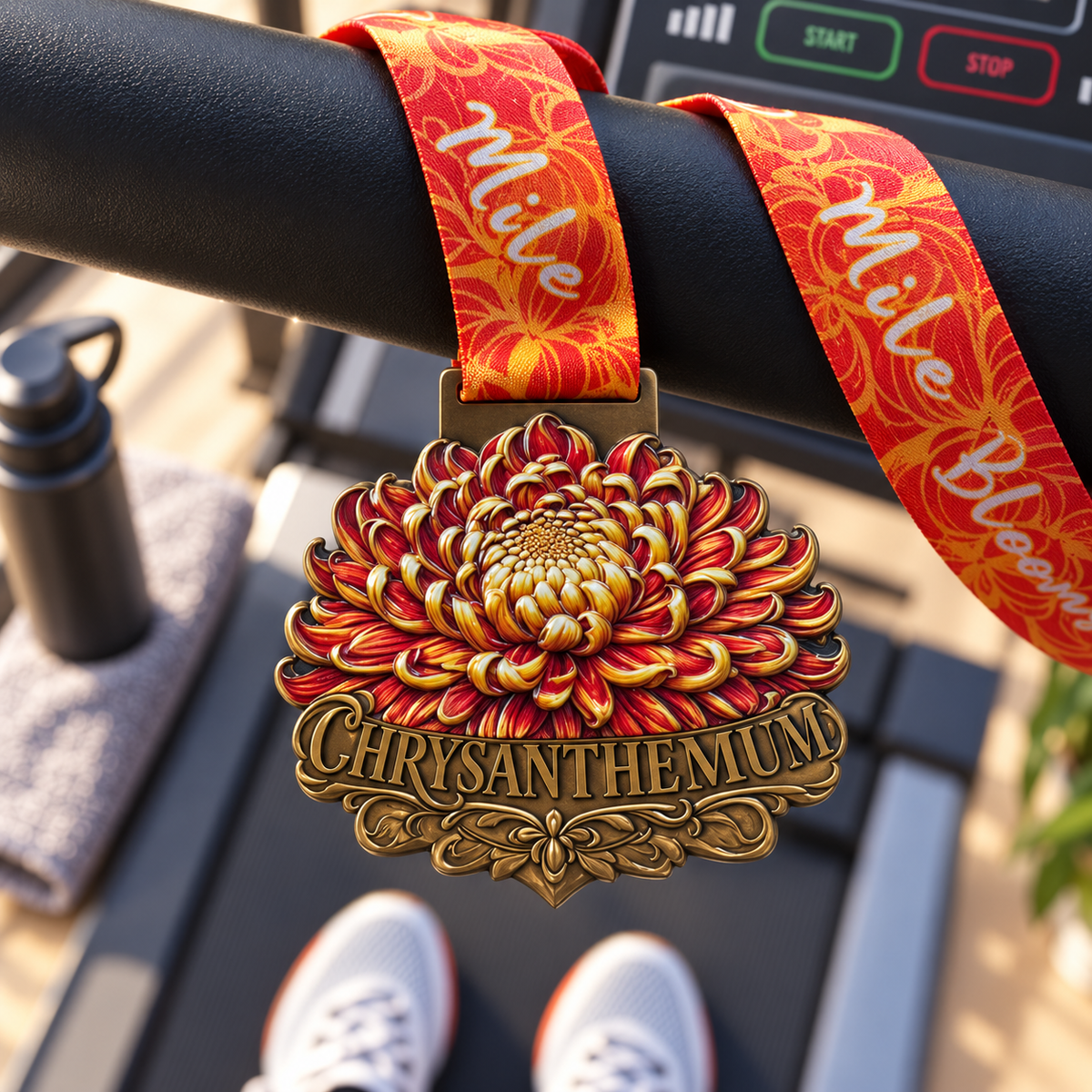 Chrysanthemum Virtual Race medal featuring colorful flower design for 5K, 10K, half marathon, and marathon challenges.