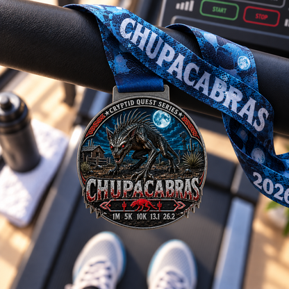 Chupacabras Virtual Race 2026 medal featuring a cryptid design for 1M, 5K, 10K, 13.1, and 26.2 race distances by virtualrunevent