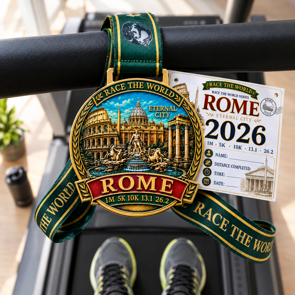 Virtualrunevent Rome Virtual Race medal for 5K, 10K, Half Marathon, and Marathon travel challenge, featuring intricate Rome-themed design