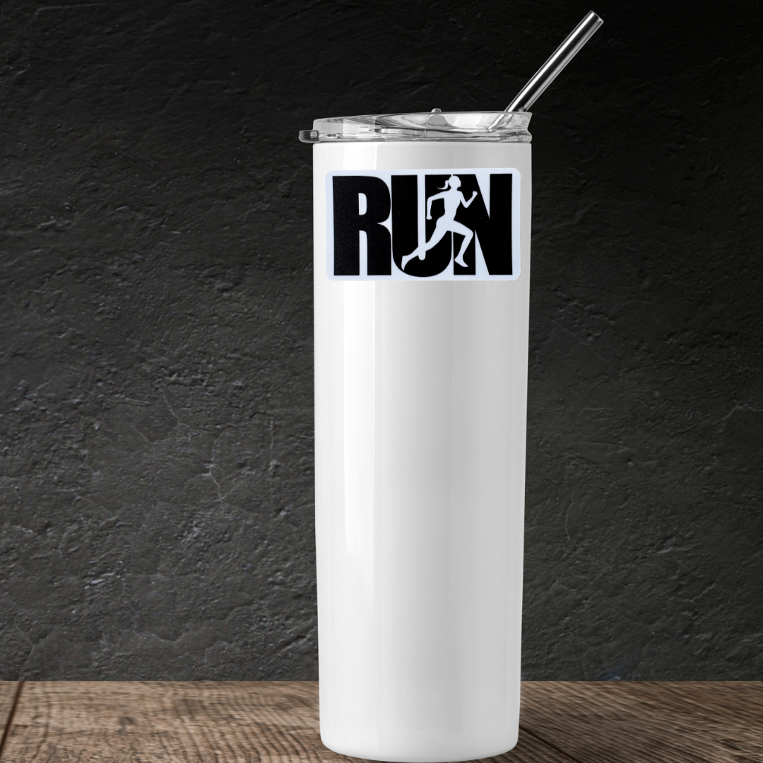 Black and white "RUN" medal sticker by VirtualRunEvent, featuring bold lettering and a sleek design for runners.