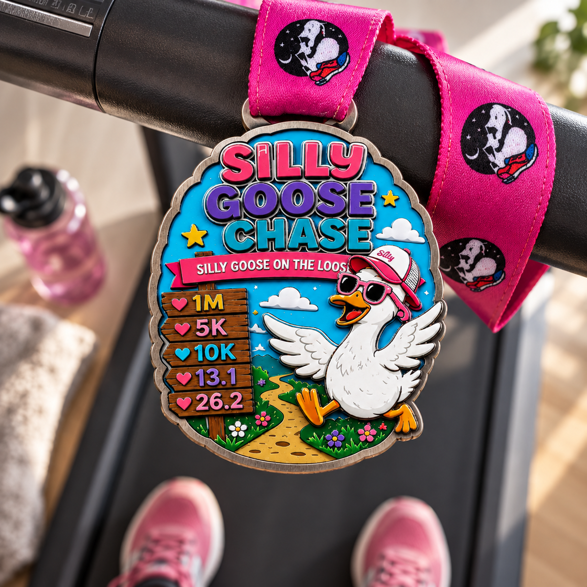 Silly Goose Chase virtual race medal for 1M, 5K, 10K, half marathon, and marathon from virtualrunevent, featuring a playful goose design.