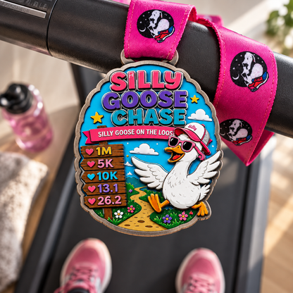 Silly Goose Chase virtual race medal for 1M, 5K, 10K, half marathon, and marathon from virtualrunevent, featuring a playful goose design.