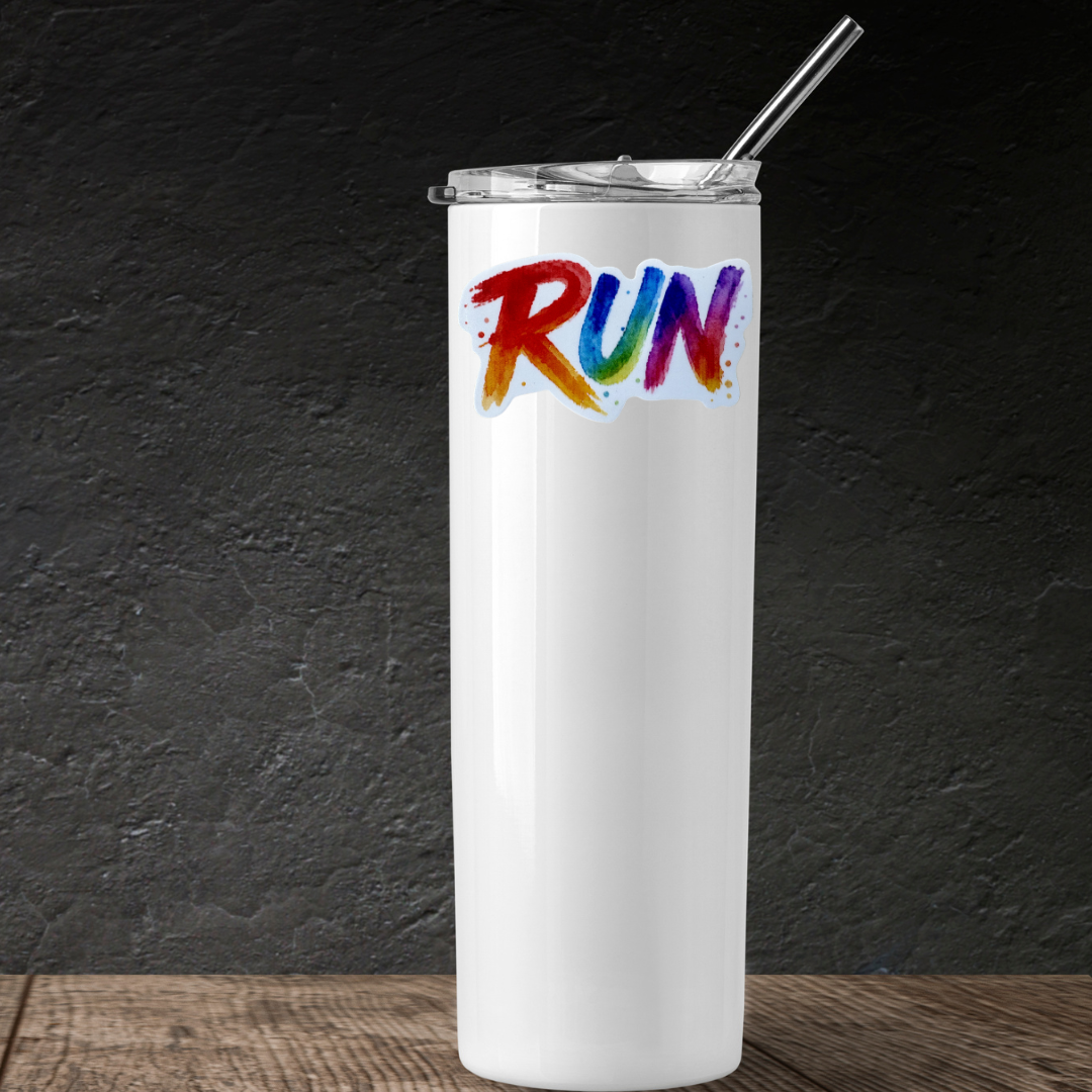Colorful "RUN" medal sticker from virtualrunevent featuring vibrant design and bold lettering for event recognition.