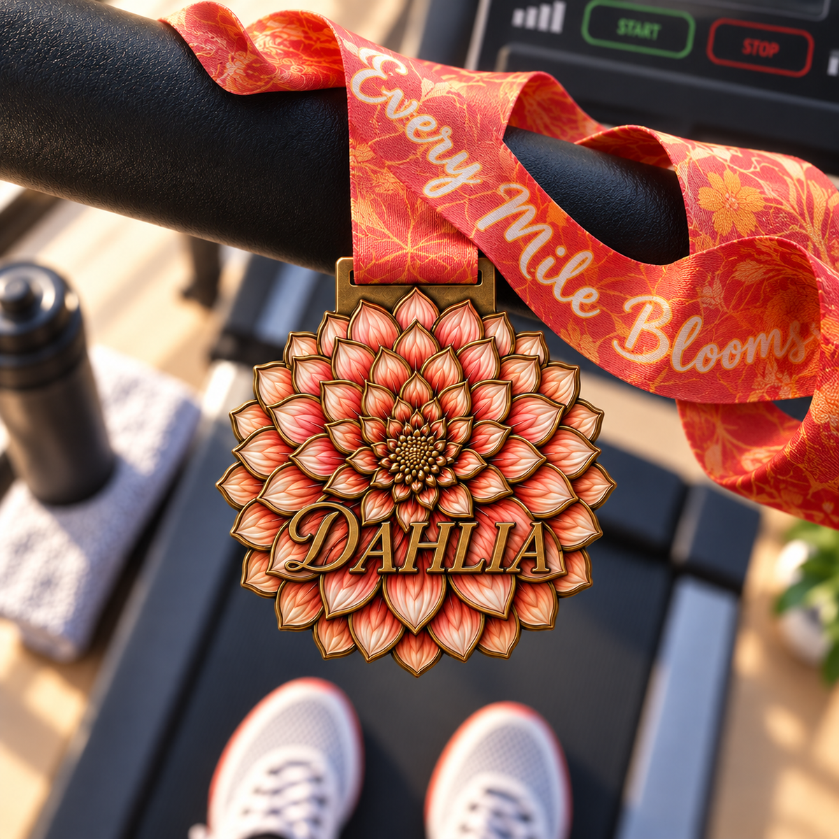 Dahlia Virtual Race logo featuring colorful flower designs for 5K, 10K, Half Marathon, and Marathon challenges by virtualrunevent