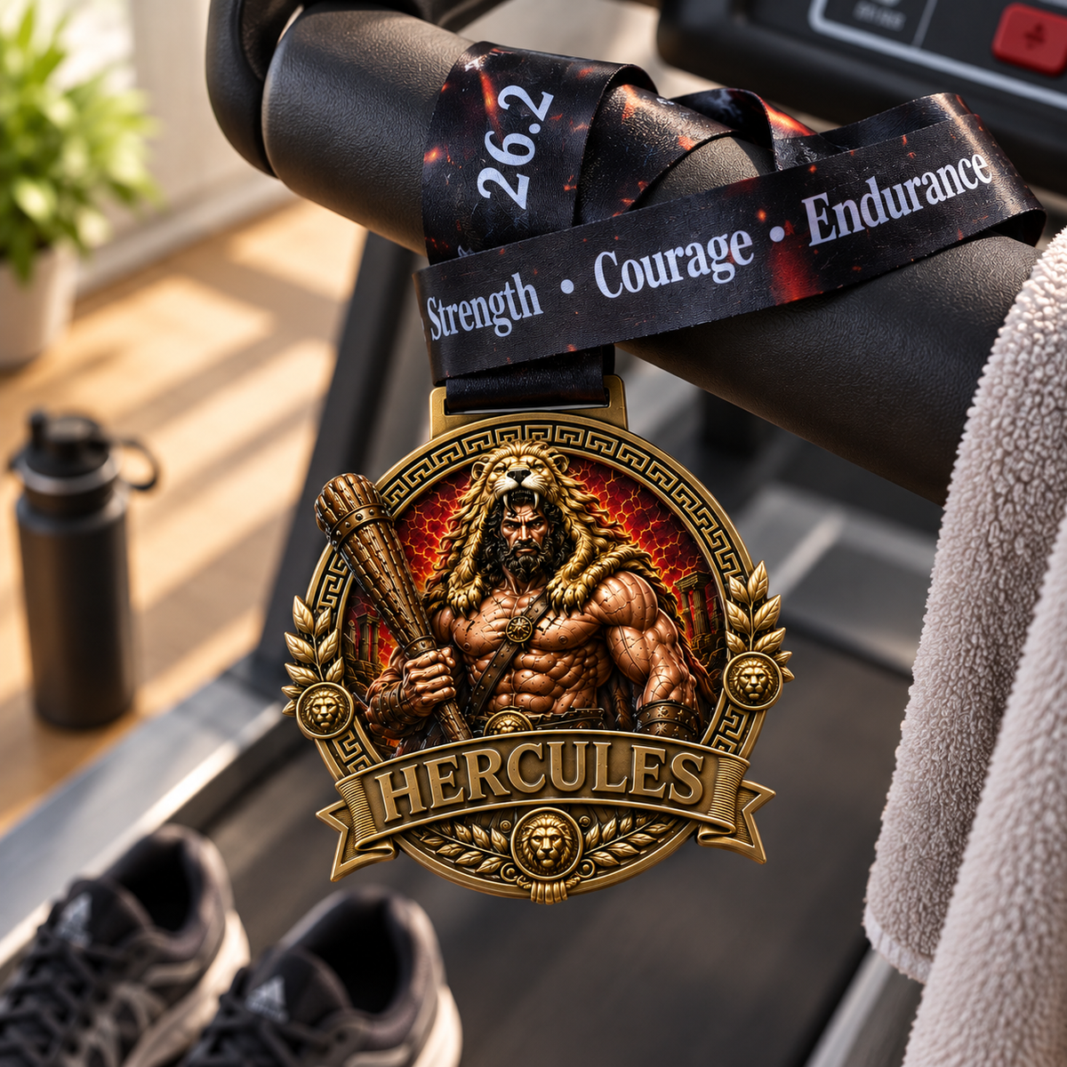 Hercules Virtual Race medal featuring Greek mythology design for 5K, 10K, half marathon, and marathon events.