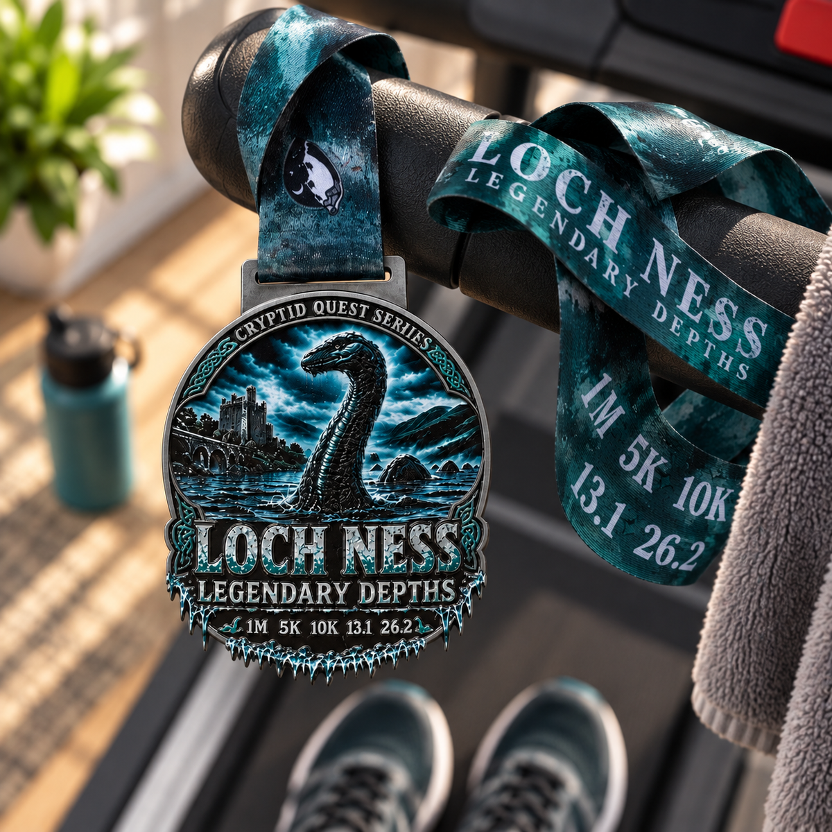 Loch Ness Legendary Depths virtual race medal from Virtual Rune Event, featuring iconic Nessie design for 1M, 5K, 10K, 13.1, and 26.2 races.