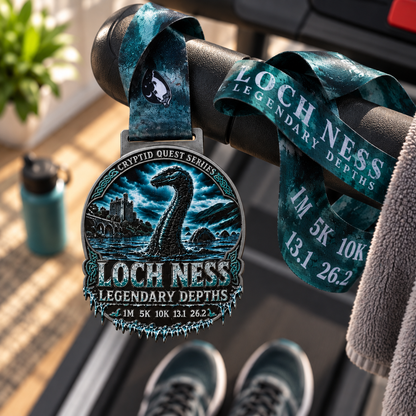 Loch Ness Legendary Depths virtual race medal from Virtual Rune Event, featuring iconic Nessie design for 1M, 5K, 10K, 13.1, and 26.2 races.