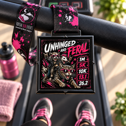 Virtualrunevent Unhinged and Feral Raccoon medal for 1M, 5K, 10K, half and full marathon virtual race event.