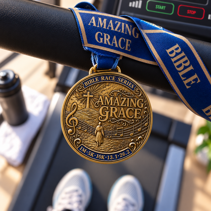 Christian medal for Amazing Grace Virtual Race 5K, walk, half marathon, and marathon event, featuring engraved design and event logo