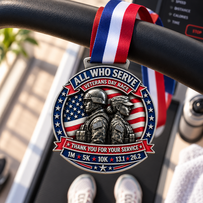 Veterans Day Virtual Race 2026 medal by virtualrunevent, featuring a detailed design for 1M, 5K, 10K, Half Marathon, and Marathon.