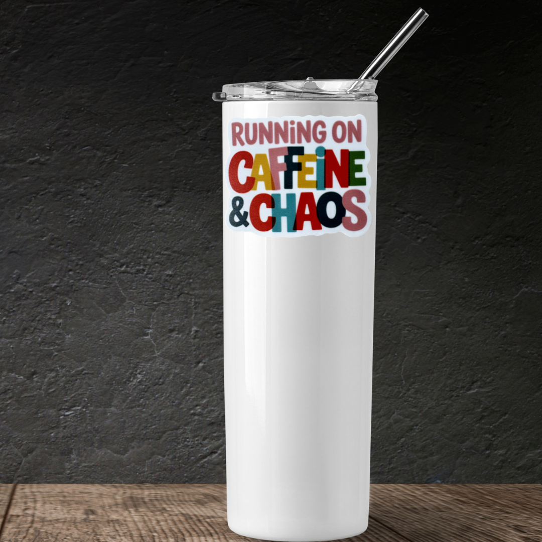 Medal sticker featuring "Running on Caffeine and Chaos" design by virtualrunevent, with vibrant colors and bold lettering.