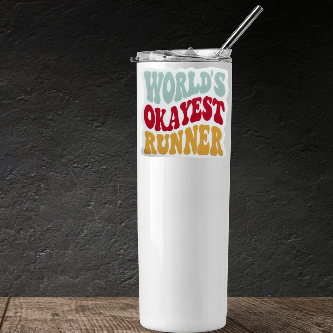 Fun virtualrunevent sticker featuring the "World’s Okayest Runner" design, perfect for decorating laptops or water bottles.