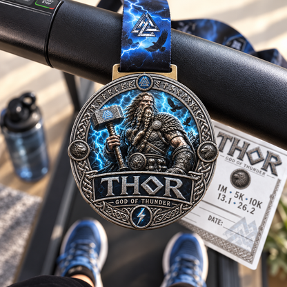 Norse mythology Thor Virtual Race medal featuring Thor with a hammer, commemorating 5K, 10K, half marathon, and marathon events.