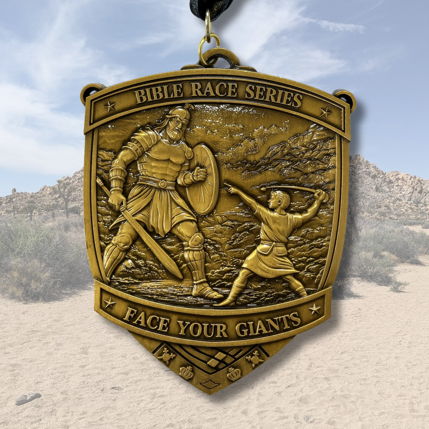 Christian virtual run medal for Face Your Giants Race 2026, featuring engraved design with race details and virtualrunevent branding.
