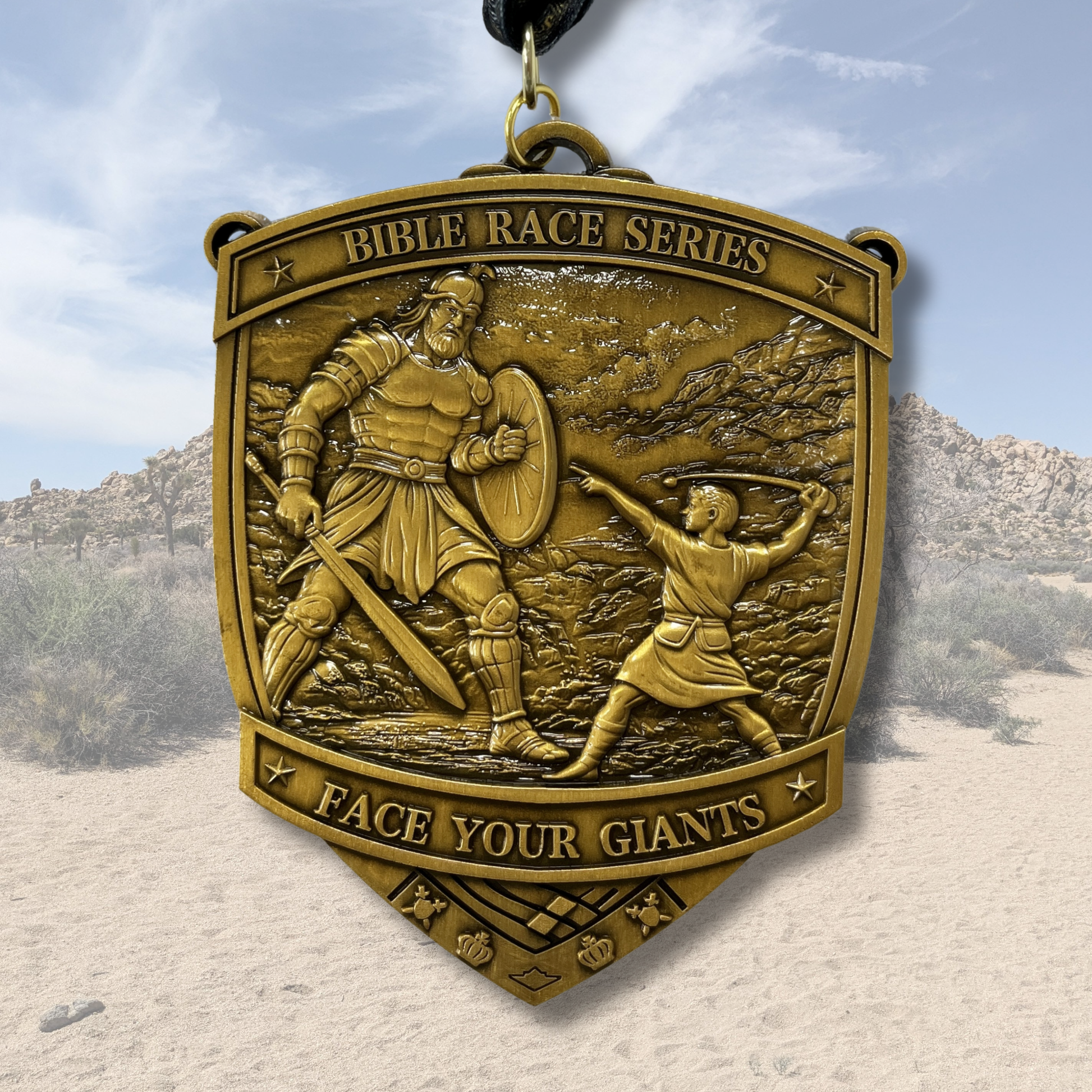 Christian virtual run medal for Face Your Giants Race 2026, featuring engraved design with race details and virtualrunevent branding.