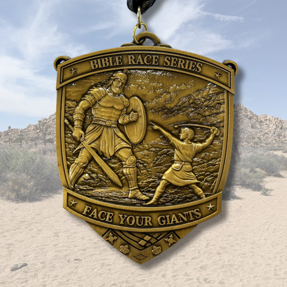 Christian virtual run medal for Face Your Giants Race 2026, featuring engraved design with race details and virtualrunevent branding.