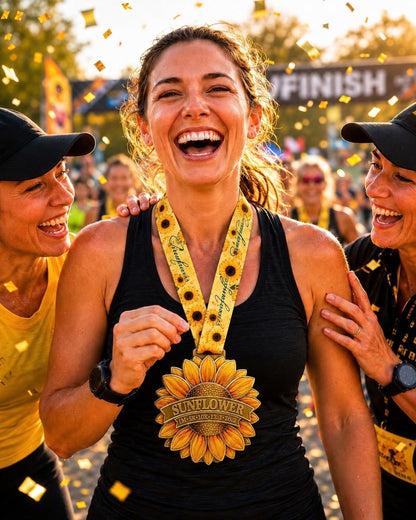 Sunflower Virtual Race 2026 logo from Virtual Rune Event, featuring a sunflower illustration with vibrant yellow petals and green leaves.