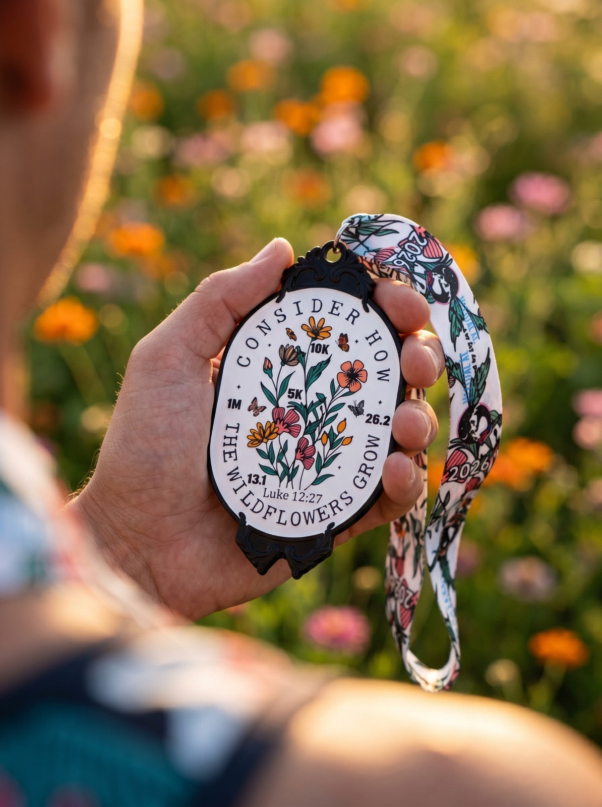 Consider Wildflowers Virtual Run medal featuring colorful floral design for 1M, 5K, 10K, 13.1, and 26.2 races by virtualrunevent.