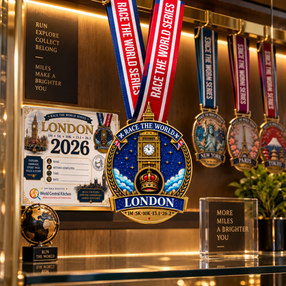 Virtualrunevent London Virtual Race medal for 5K, 10K, Half Marathon, and Marathon travel challenge, displayed on a medal rack.