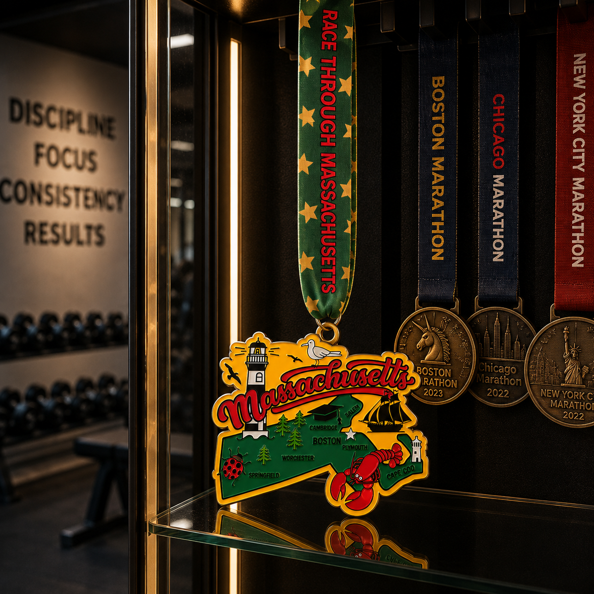 Massachusetts race medal and bib from Virtual Run Event for 1M 5K 10K 13.1 half marathon and 26.2 marathon.