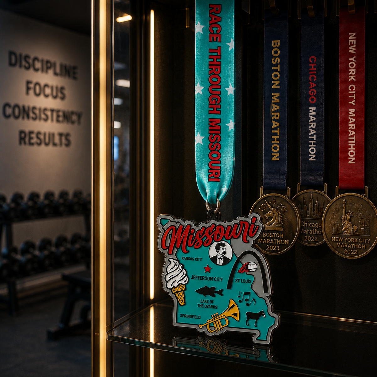 Virtualrunevent Missouri Race Medal for 5K, 10K, Half Marathon, and 50 Mile Challenge displayed on a medal rack.