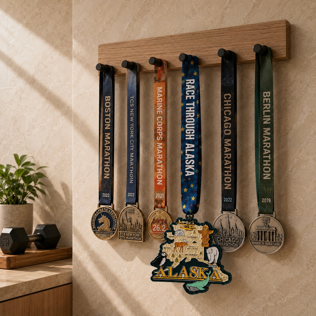Alaska running medal displayed on a medal rack for the Race Through Alaska virtual race event.