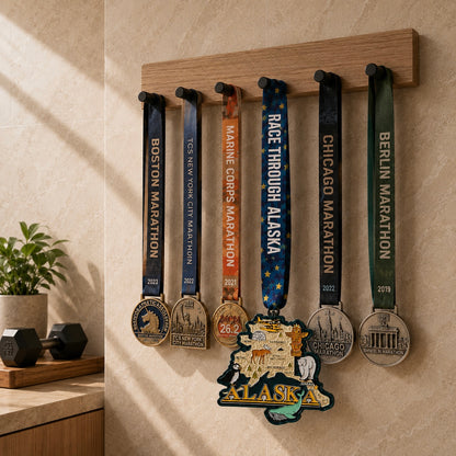 Alaska running medal displayed on a medal rack for the Race Through Alaska virtual race event.