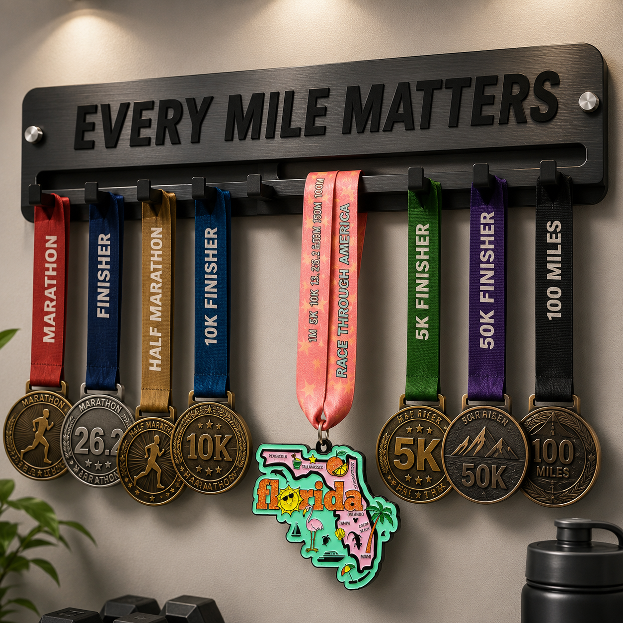 Virtualrunevent Race Through Florida medal displayed on a medal rack, featuring a colorful Florida-themed design and a matching bib.