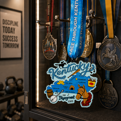 Virtualrunevent Race Through Kentucky medal displayed on a medal rack for 5K, 10K, half marathon, and 50-mile challenge.
