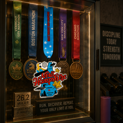 Virtualrunevent race medal and bib display rack for New Hampshire 1M, 5K, 10K, 13.1, and 26.2 marathon medals and bibs.