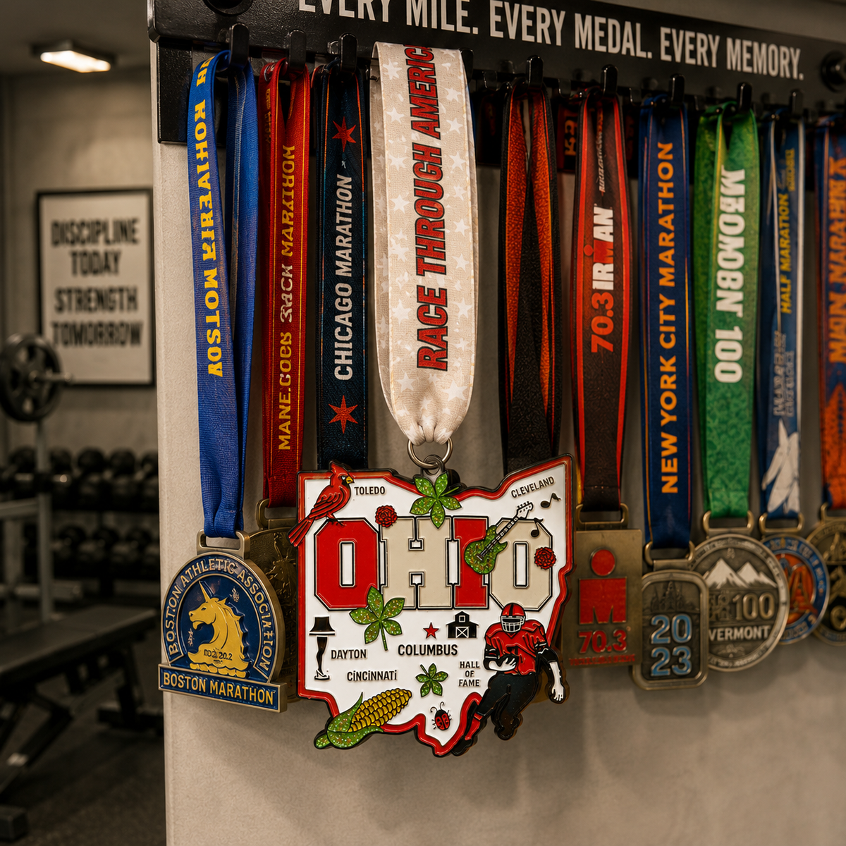 Virtualrunevent Race Through Ohio medal and bib displayed on a medal rack, showcasing a commemorative running award and bib.
