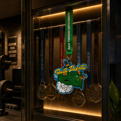 South Dakota Virtual Race medal by virtualrunevent displayed on a medal rack, featuring a detailed design for 5K, 10K, half marathon, and marathon.