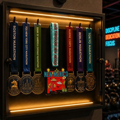 Virtualrunevent Race Through New Mexico medal displayed on a medal rack, featuring a unique design for 5K, 10K, Half Marathon, and 50 Mile Challenge.