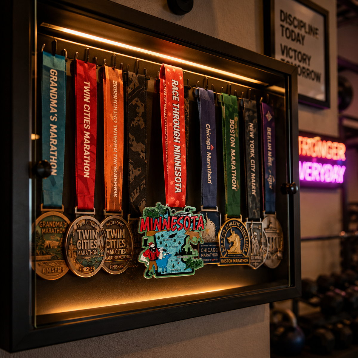 Virtualrunevent Minnesota Race medal displayed on a medal rack for 5K, 10K, Half Marathon, and 50 Mile Challenge.
