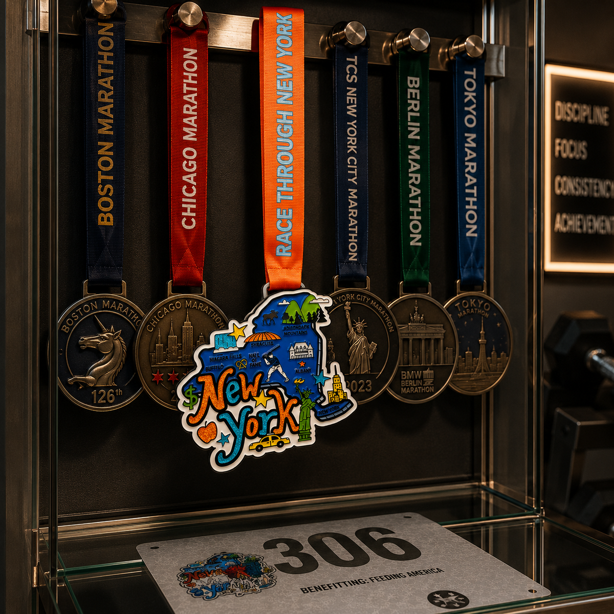 Virtualrunevent Race Through New York medal hanging on a medal rack, showcasing a vibrant design for 5K, 10K, half marathon, and 50 mile challenge.