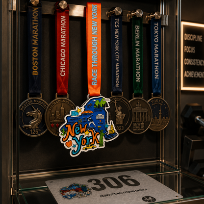Virtualrunevent Race Through New York medal hanging on a medal rack, showcasing a vibrant design for 5K, 10K, half marathon, and 50 mile challenge.